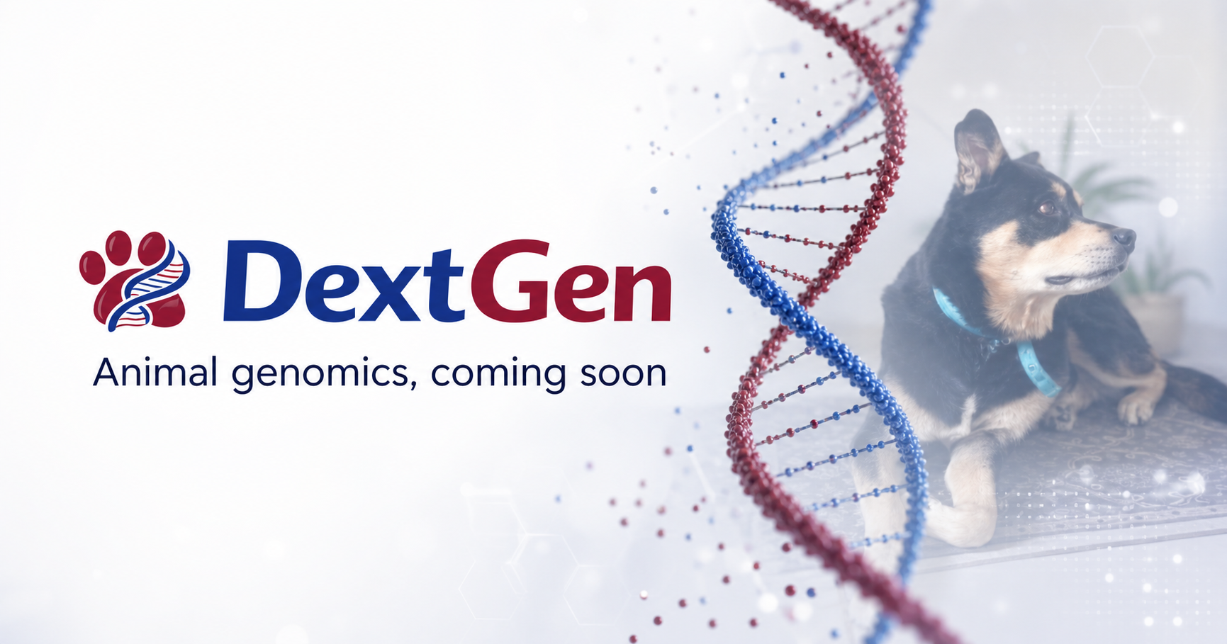 DextGen animal genomics preview with Dexter-inspired dog artwork
